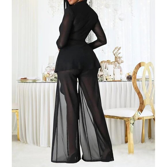 Women's Sexy 2 Piece Outfit See Through Clubwear Mesh Tie Front Slit Leg Black M - Picture 3 of 6